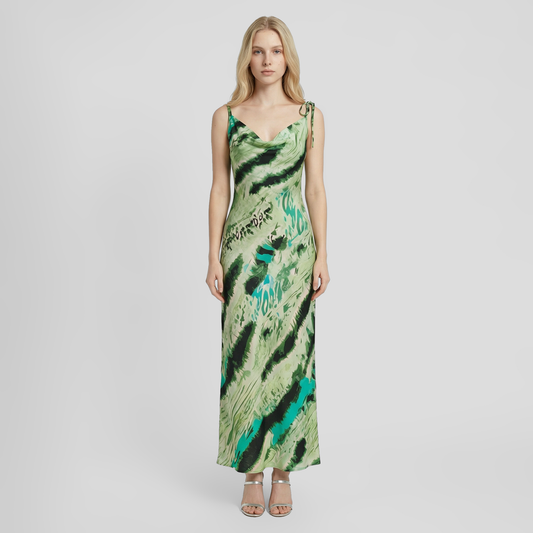 Elegant Green Striped Satin V-Neck Maxi Dress with Tie-Waist