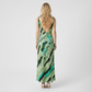 Elegant Green Striped Satin V-Neck Maxi Dress with Tie-Waist