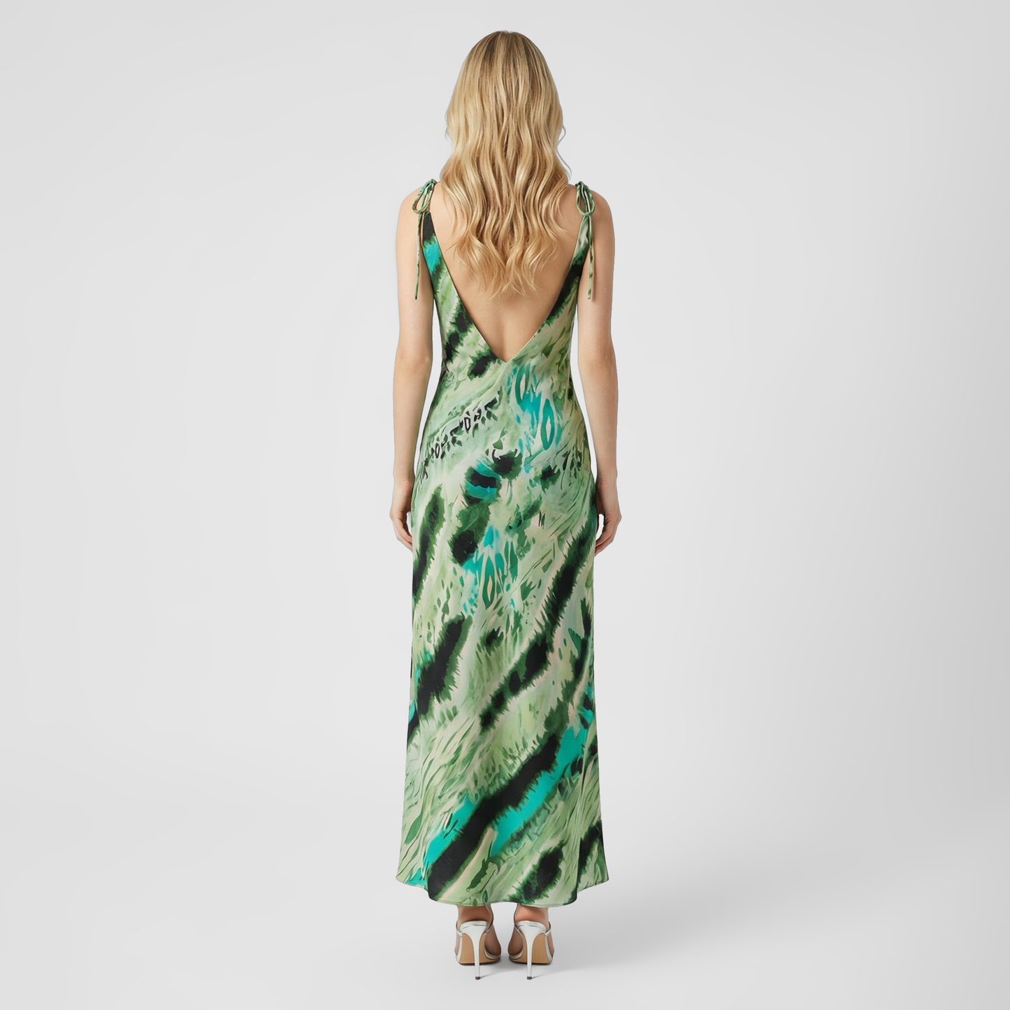 Elegant Green Striped Satin V-Neck Maxi Dress with Tie-Waist