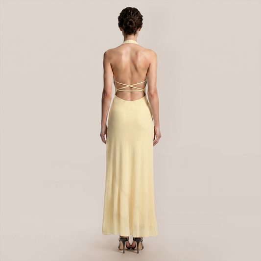 【Vacation】 Maxi Irregular Milk Silk Boho V-Neck Ruffle Backless Dress - MYTHSIS