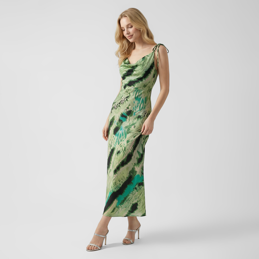 Elegant Green Striped Satin V-Neck Maxi Dress with Tie-Waist