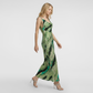 Elegant Green Striped Satin V-Neck Maxi Dress with Tie-Waist