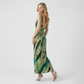 Elegant Green Striped Satin V-Neck Maxi Dress with Tie-Waist