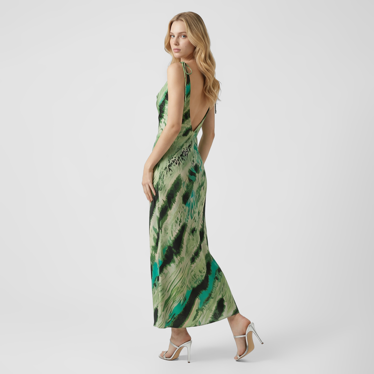 Elegant Green Striped Satin V-Neck Maxi Dress with Tie-Waist