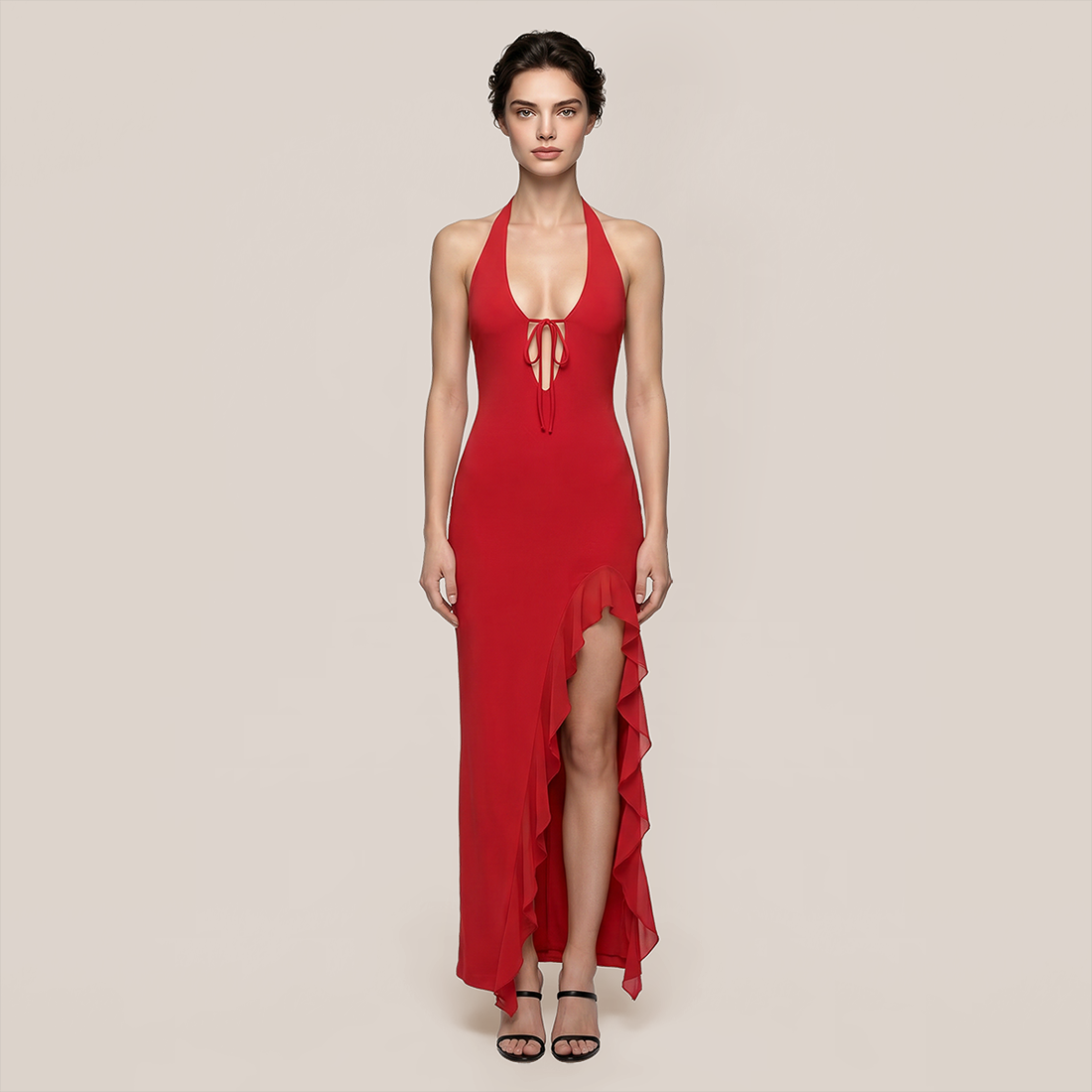 Vacation Maxi Irregular Polyester Sexy V-Neck Ruffle Open Back Dress - MYTHSIS