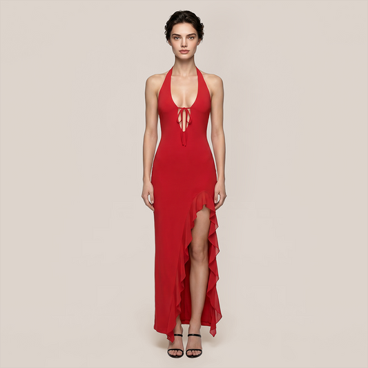 【Vacation】 Maxi Irregular Milk Silk Boho V-Neck Ruffle Backless Dress - MYTHSIS