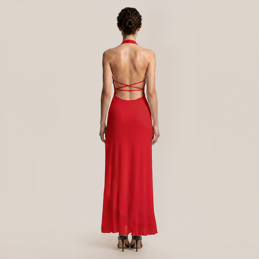 【Vacation】 Maxi Irregular Milk Silk Boho V-Neck Ruffle Backless Dress - MYTHSIS