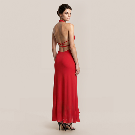 Vacation Maxi Irregular Polyester Sexy V-Neck Ruffle Open Back Dress - MYTHSIS