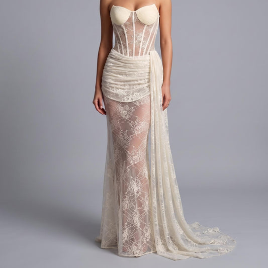 【Party & Event】 Maxi Sheath Polyester Sexy Straight Neck Draped Ribbon - MYTHSIS