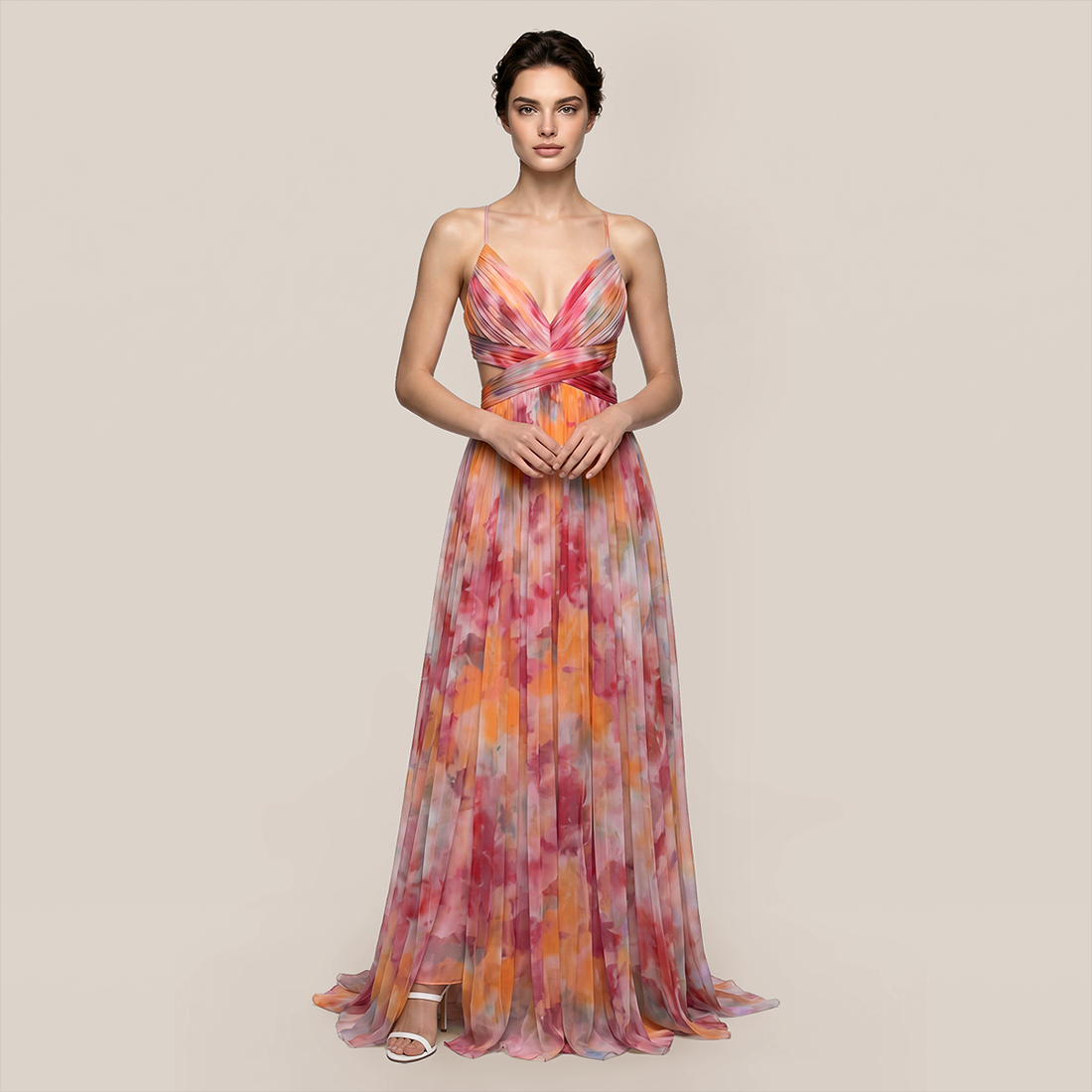 【Vacation】 Maxi Slip Polyester Boho V-Neck Color Block Print Dress - MYTHSIS