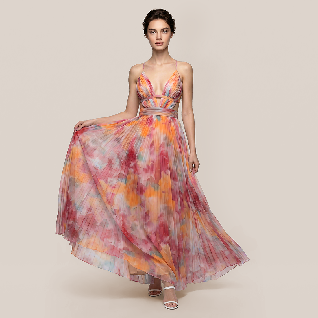 【Vacation】 Maxi Slip Polyester Boho V-Neck Color Block Print Dress - MYTHSIS