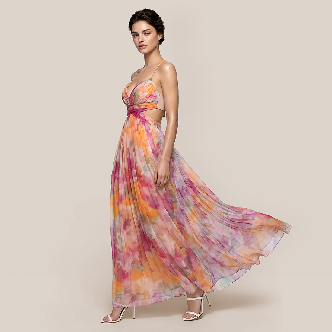 【Vacation】 Maxi Slip Polyester Boho V-Neck Color Block Print Dress - MYTHSIS