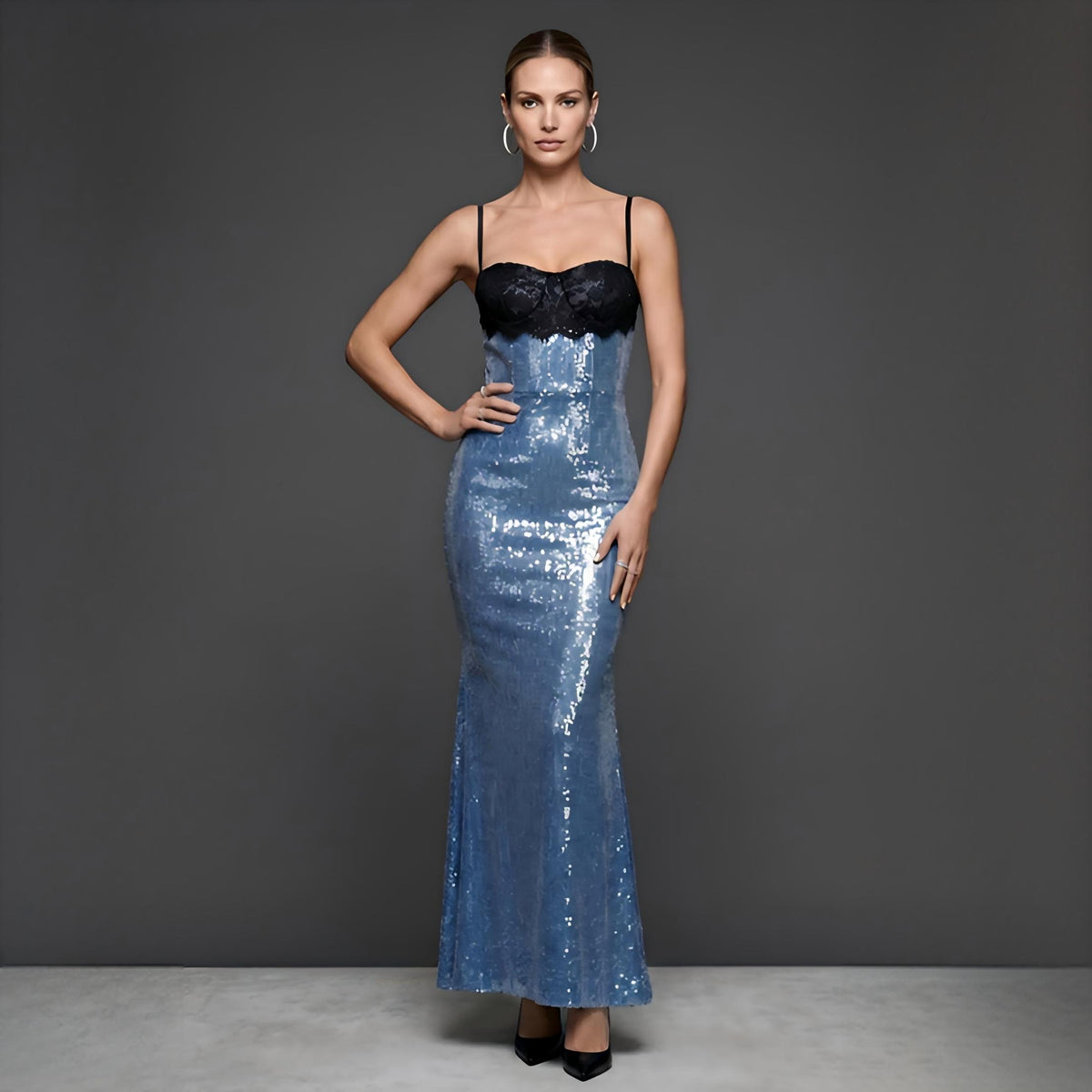 Wholesale Women's Lace-Panel Sequin Spaghetti-Strap Maxi Dress