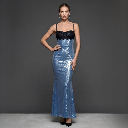 Wholesale Women's Lace-Panel Sequin Spaghetti-Strap Maxi Dress