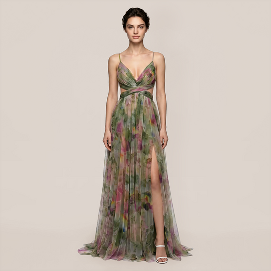 Vacation Maxi A-Line Chiffon Boho Spaghetti Strap Floral Print Dress - MYTHSIS