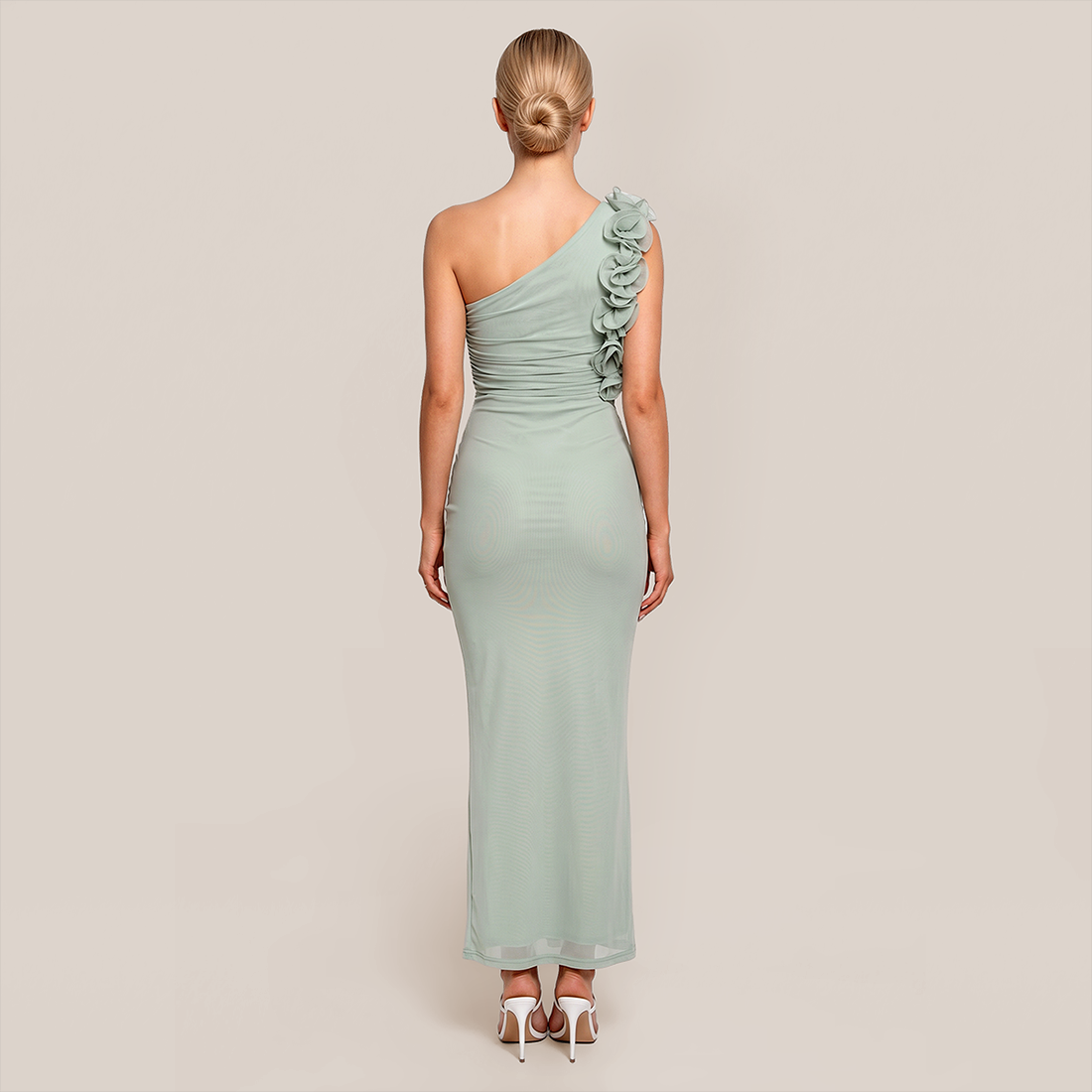 Vacation Maxi Bodycon Mesh 3D Flower One-Shoulder Elegant Dress - MYTHSIS