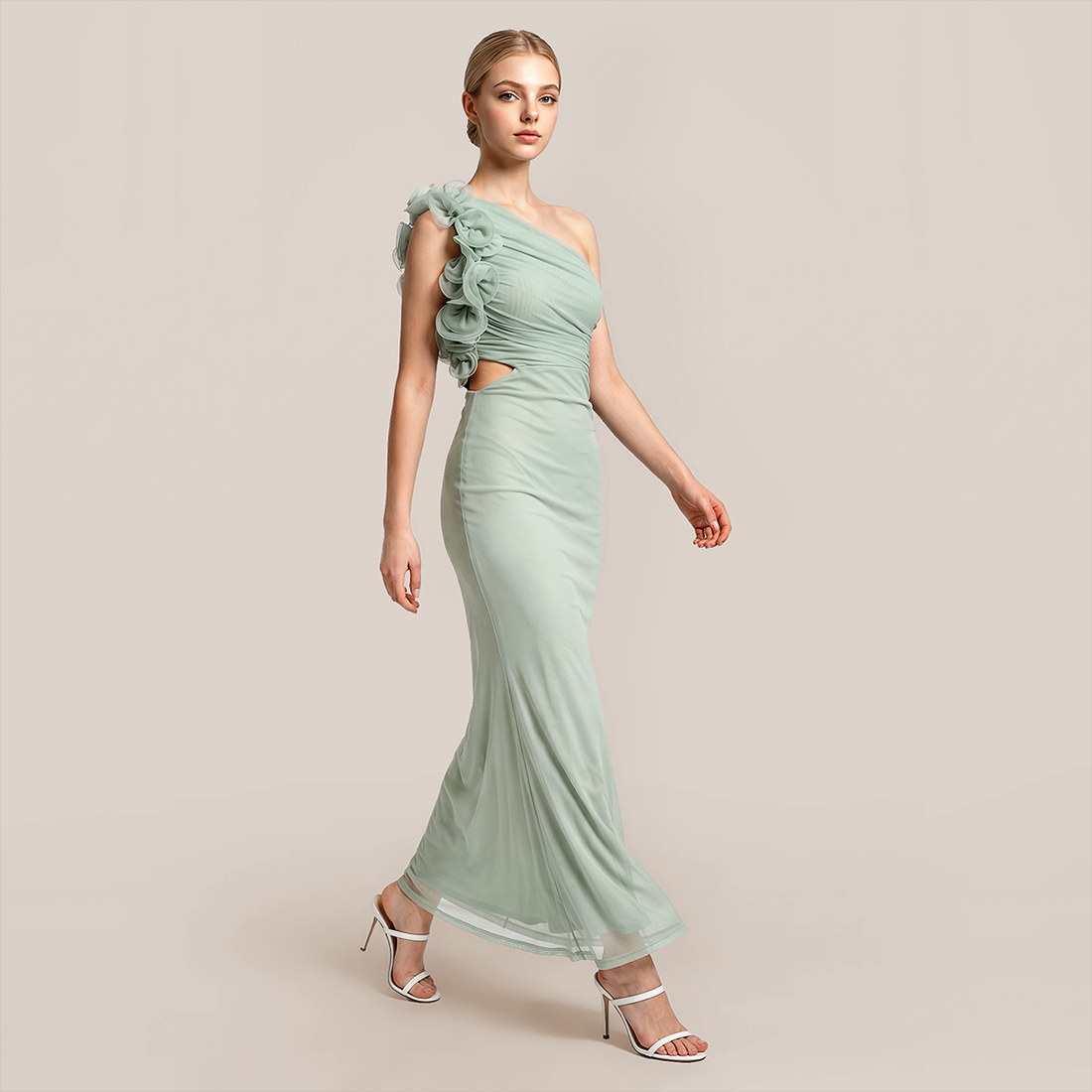 Vacation Maxi Bodycon Mesh 3D Flower One-Shoulder Elegant Dress - MYTHSIS