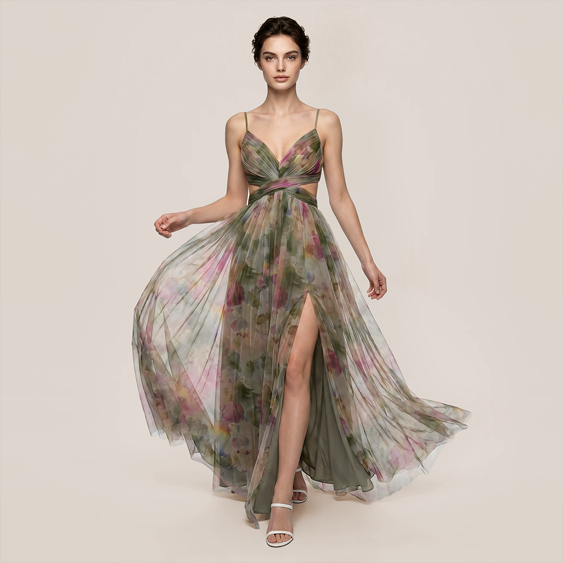 【Vacation】 Maxi Slip Polyester Boho V-Neck Color Block Print Dress - MYTHSIS