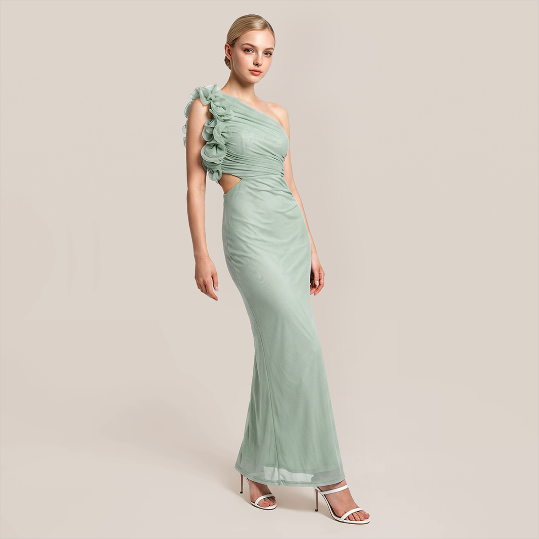Vacation Maxi Bodycon Mesh 3D Flower One-Shoulder Elegant Dress - MYTHSIS