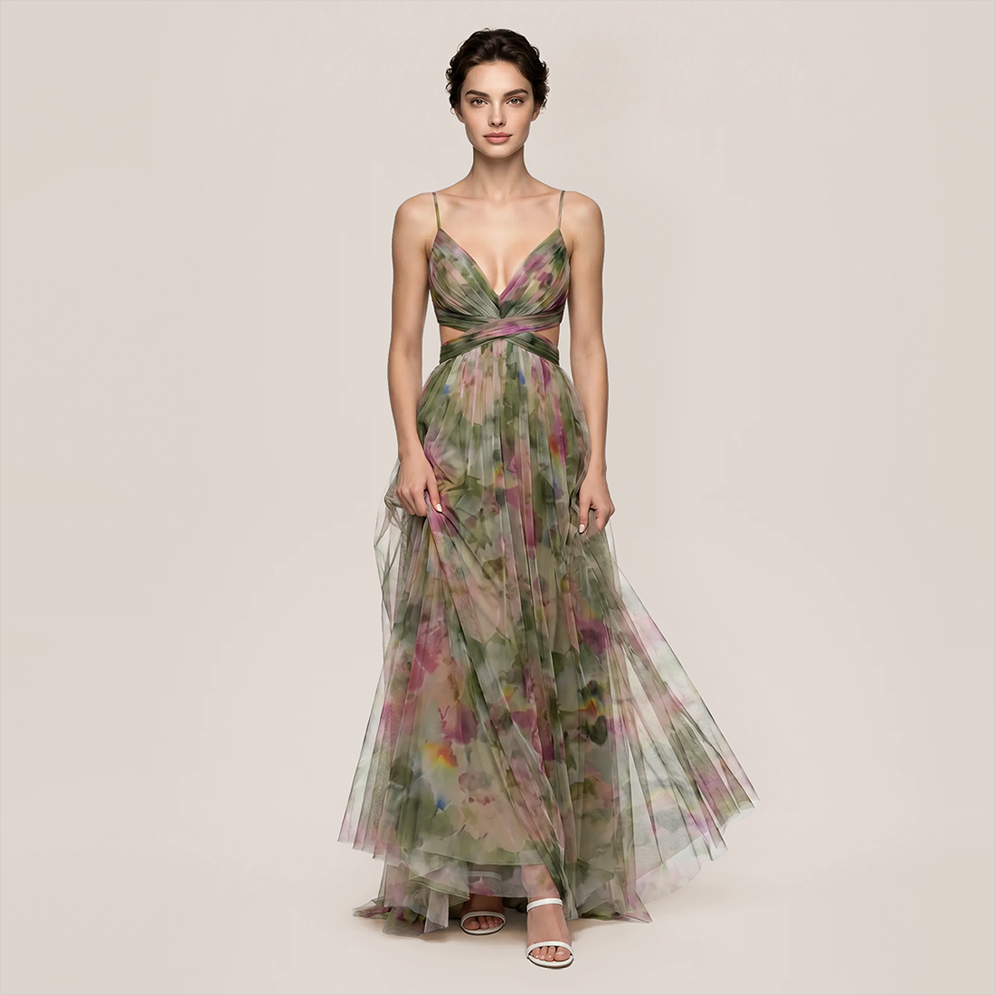 【Vacation】 Maxi Slip Polyester Boho V-Neck Color Block Print Dress - MYTHSIS
