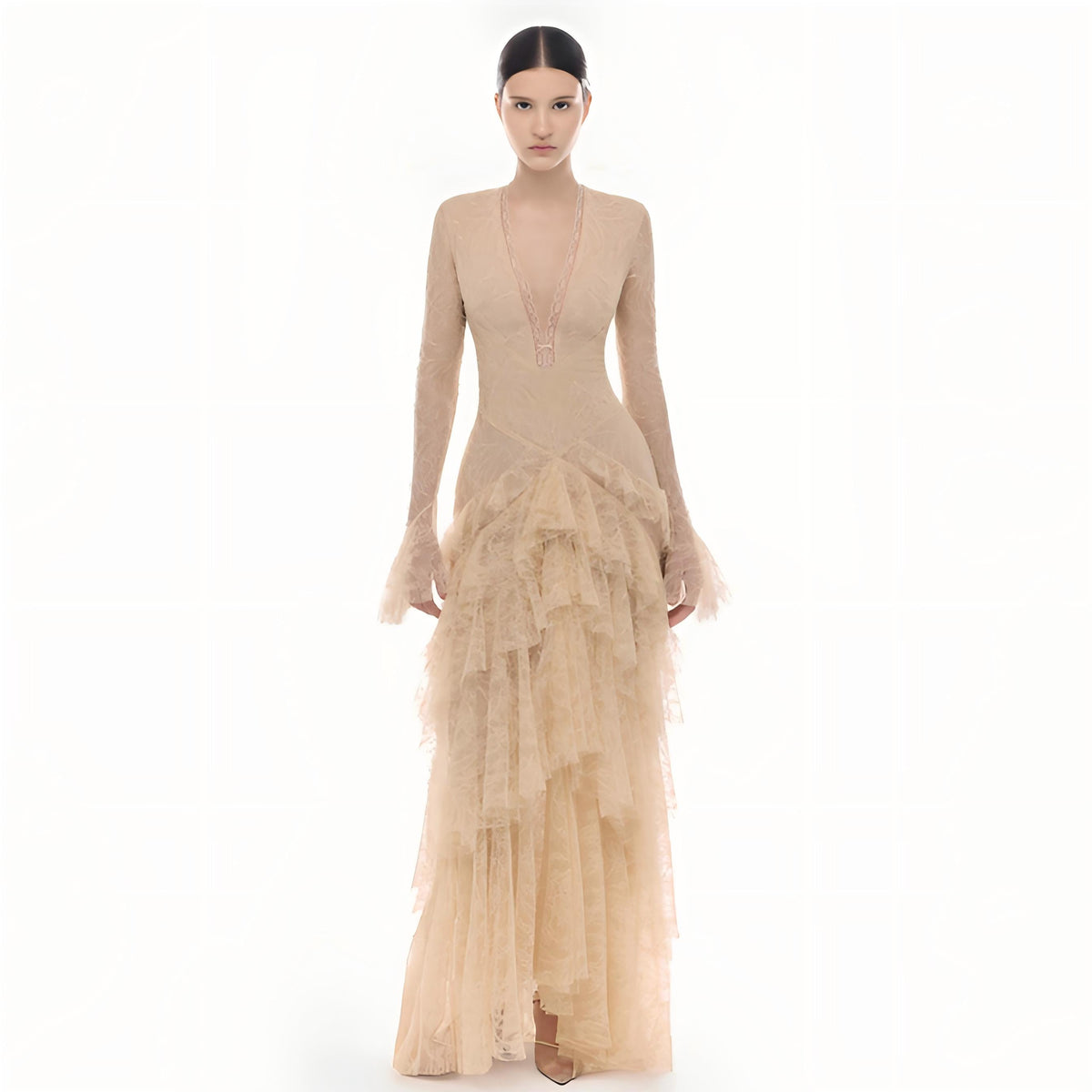 Wholesale Women's French Vintage V-Neck Lace Cake Maxi Dress –  XS Womens Clothing