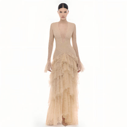 Wholesale Women's French Vintage V-Neck Lace Cake Maxi Dress –  XS Womens Clothing