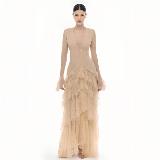 Wholesale Women's French Vintage V-Neck Lace Cake Maxi Dress –  XS Womens Clothing