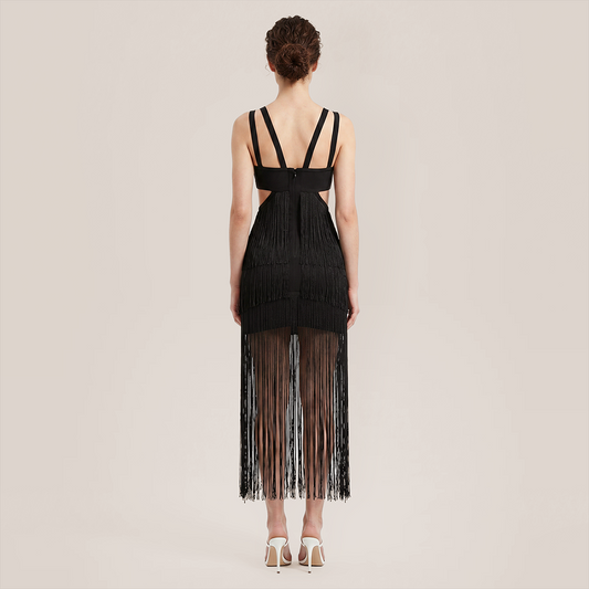 【Vacation】 Midi Sheath Polyester Sexy V-Neck Fringe Dress - MYTHSIS