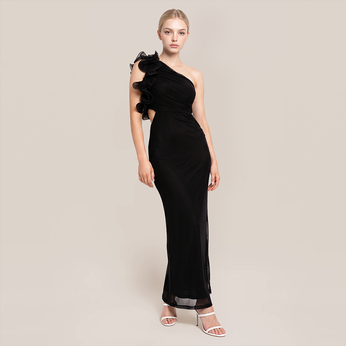 Vacation Maxi Bodycon Mesh 3D Flower One-Shoulder Elegant Dress - MYTHSIS