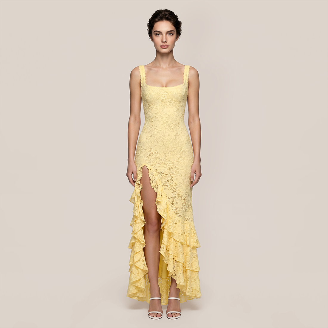 Vacation Maxi A-Line Lace Elegant Square Neck Ruffle Slit Dress - MYTHSIS