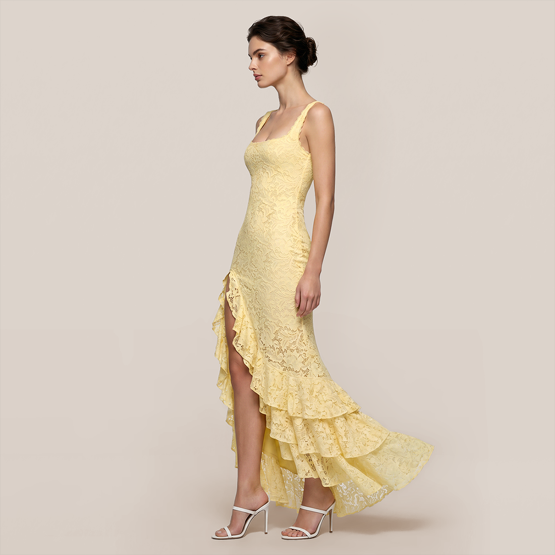 Vacation Maxi A-Line Lace Elegant Square Neck Ruffle Slit Dress - MYTHSIS