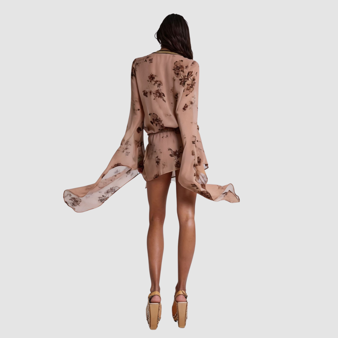 Wholesale Women's Floral Deep V Mini Dress – Tie-Waist Bell-Sleeve Bodycon