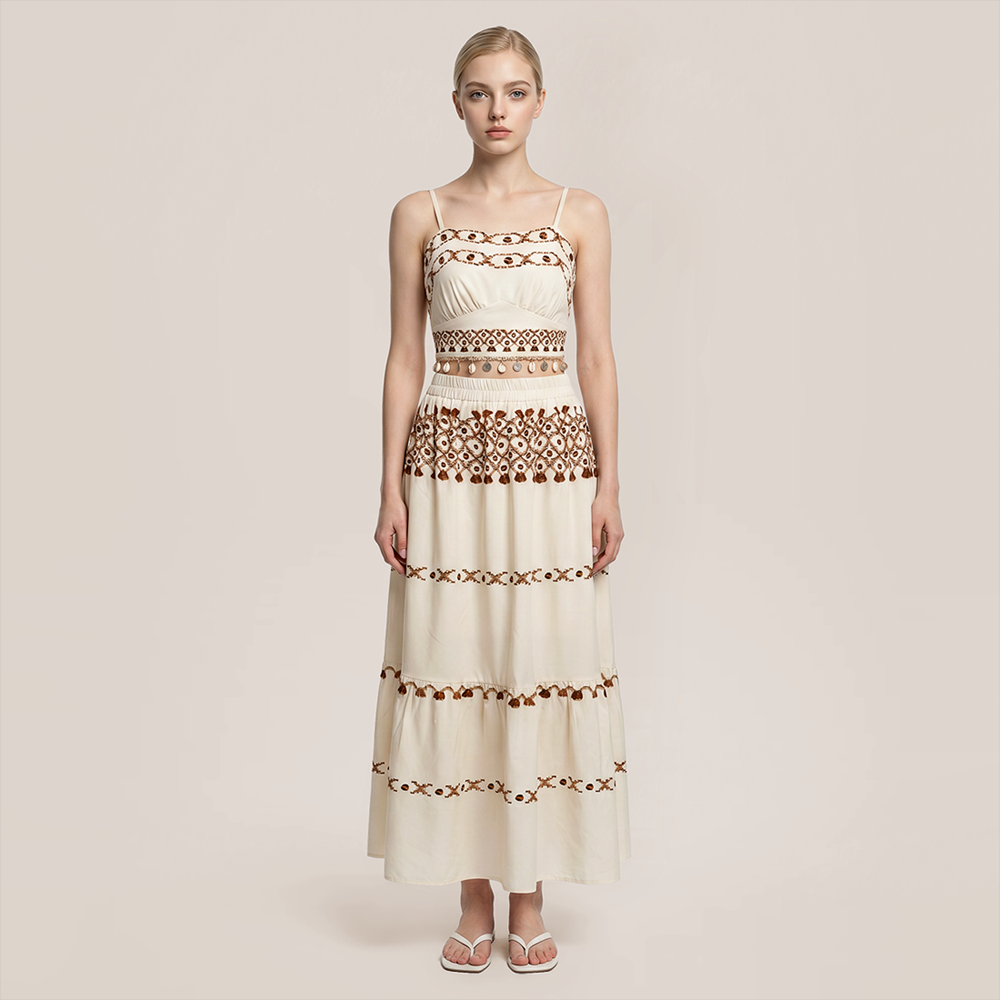 Vacation & Resort A-Line Satin Fringe Maxi Two-Piece Set - MYTHSIS