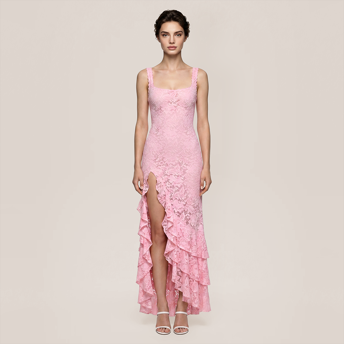 【Vacation】 Maxi Ruffle Polyester Boho Strapless Lace Side Slit Dress - MYTHSIS