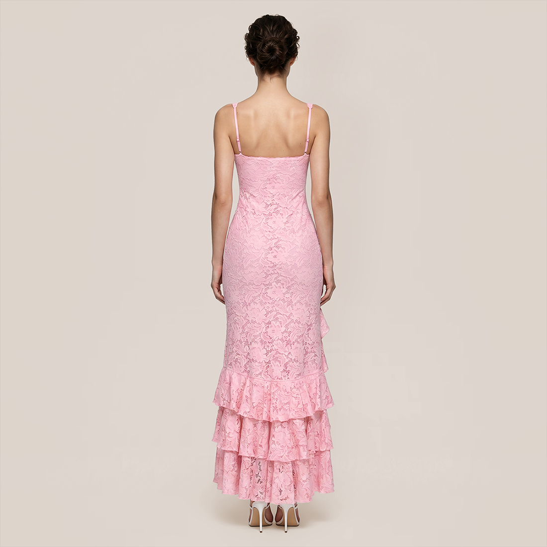 【Vacation】 Maxi Ruffle Polyester Boho Strapless Lace Side Slit Dress - MYTHSIS