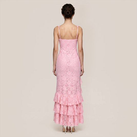 【Vacation】 Maxi Ruffle Polyester Boho Strapless Lace Side Slit Dress - MYTHSIS