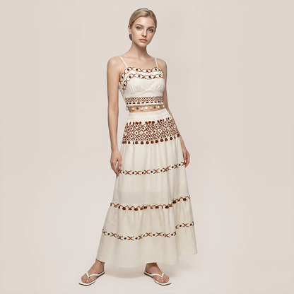 Vacation & Resort A-Line Satin Fringe Maxi Two-Piece Set - MYTHSIS