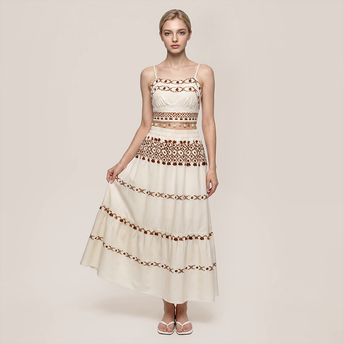 Vacation & Resort A-Line Satin Fringe Maxi Two-Piece Set - MYTHSIS
