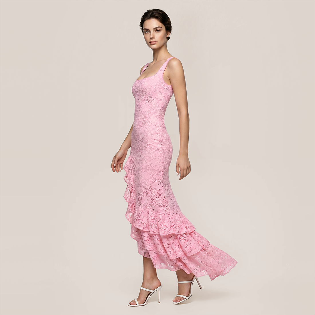 【Vacation】 Maxi Ruffle Polyester Boho Strapless Lace Side Slit Dress - MYTHSIS