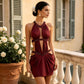 Wholesale Women's Magenta Halter Mini Dress – Crystal Cutout Ruched Bodycon