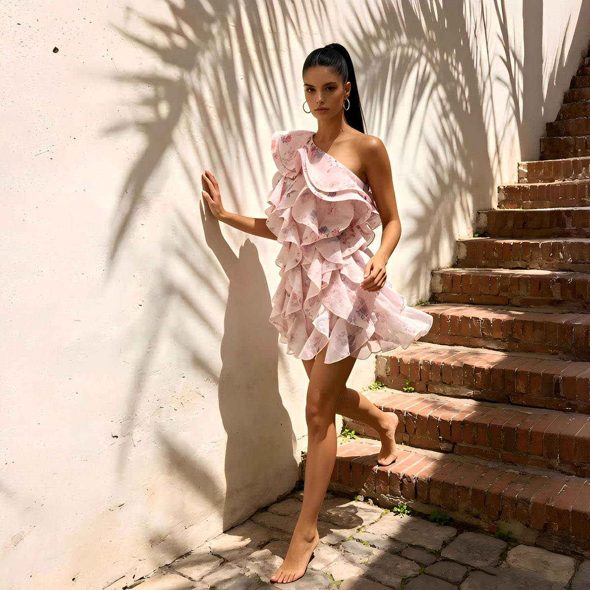 Wholesale Women's One-Shoulder Ruffle Mini Dress – Floral Pleated Bodycon
