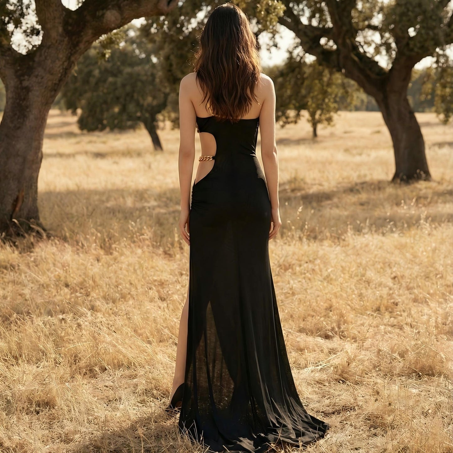 【Party & Event】 Maxi Sheath Polyester Milk Silk Sexy One-Shoulder Cutout Chain Side Slit Dress - MYTHSIS