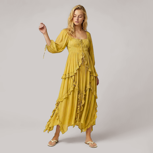 U-neck ruffled lace patchwork slit long skirt