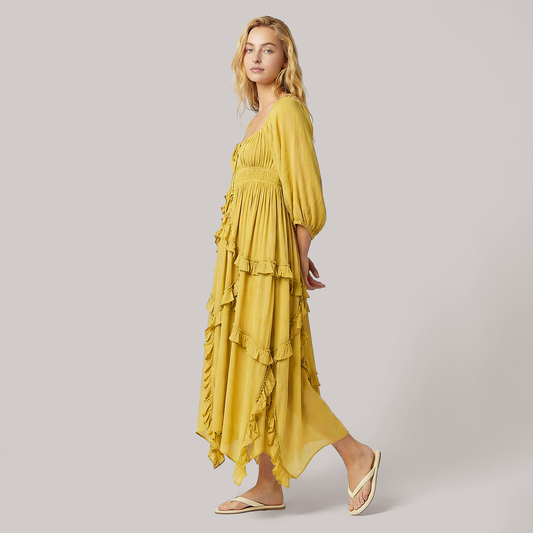 U-neck ruffled lace patchwork slit long skirt