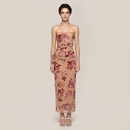 【Vacation】 Maxi Bodycon Sexy Strapless Floral Print 3D Flower Dress - MYTHSIS
