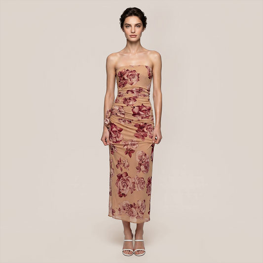 Vacation Maxi Slim Polyester Elegant Wrap Chest Floral Print Dress - MYTHSIS