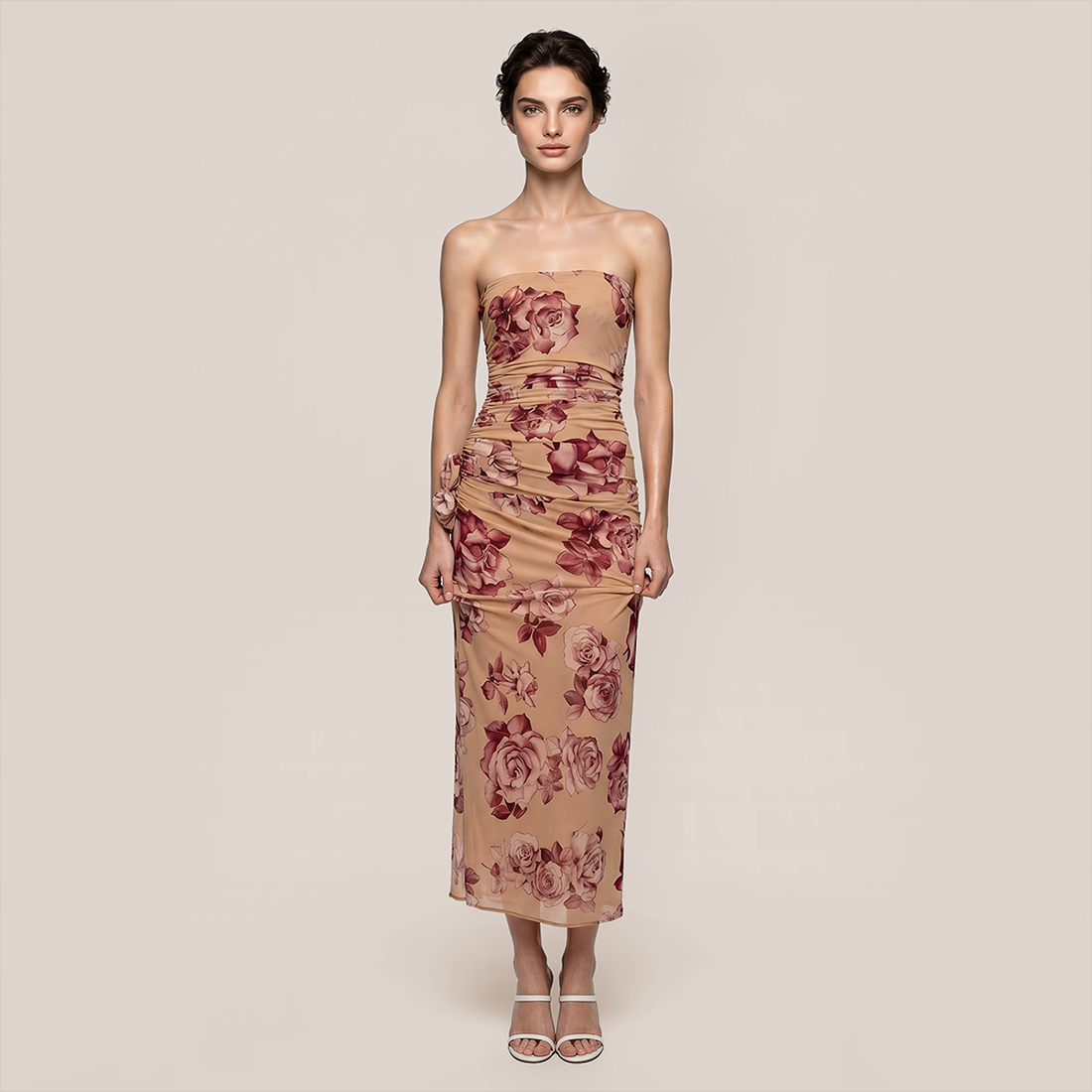 【Vacation】 Maxi Bodycon Sexy Strapless Floral Print 3D Flower Dress - MYTHSIS