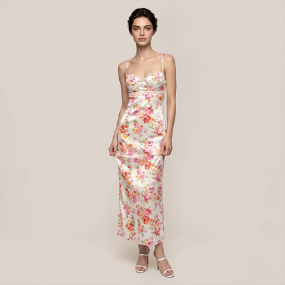 【Vacation】 Maxi Sheath Satin Sexy Straight Neck Floral Backless Dress - MYTHSIS