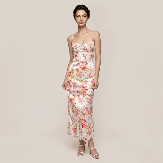 【Vacation】 Maxi Sheath Satin Sexy Straight Neck Floral Backless Dress - MYTHSIS