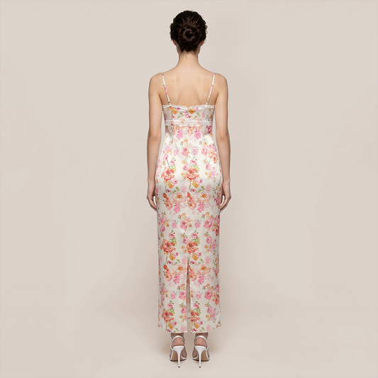 【Vacation】 Maxi Sheath Satin Sexy Straight Neck Floral Backless Dress - MYTHSIS